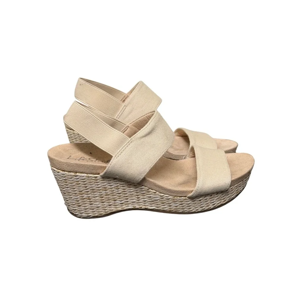 LifeStride Delta Wedge Sandals Women 5.5M Beige Elastic Espadrille Platform